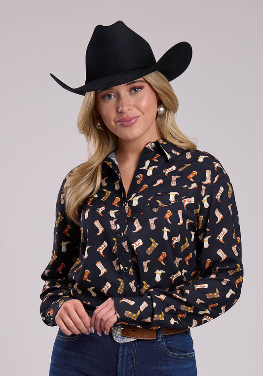 Roper Womens Long Sleeve Snap Boot Printed Rayon Western Blouse Western Shirt