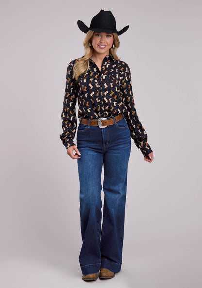 Roper Womens Long Sleeve Snap Boot Printed Rayon Western Blouse Western Shirt