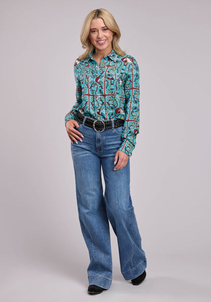 Roper Womens Long Sleeve Snap Scarf Print Rayon Western Blouse Western Shirt