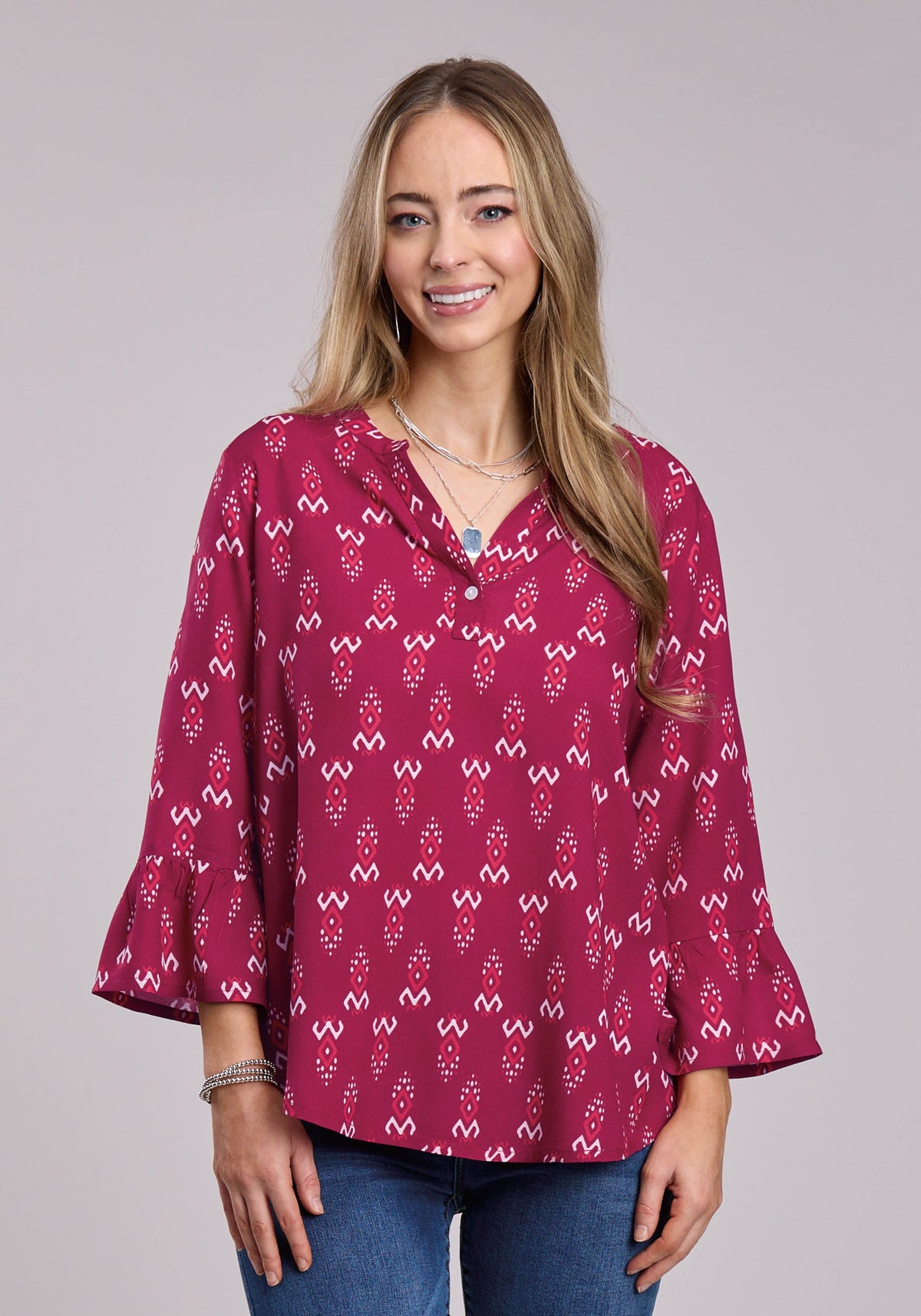 Roper Womens Roper Raspberry Printed Rayon Long Sleeve Button Shirt