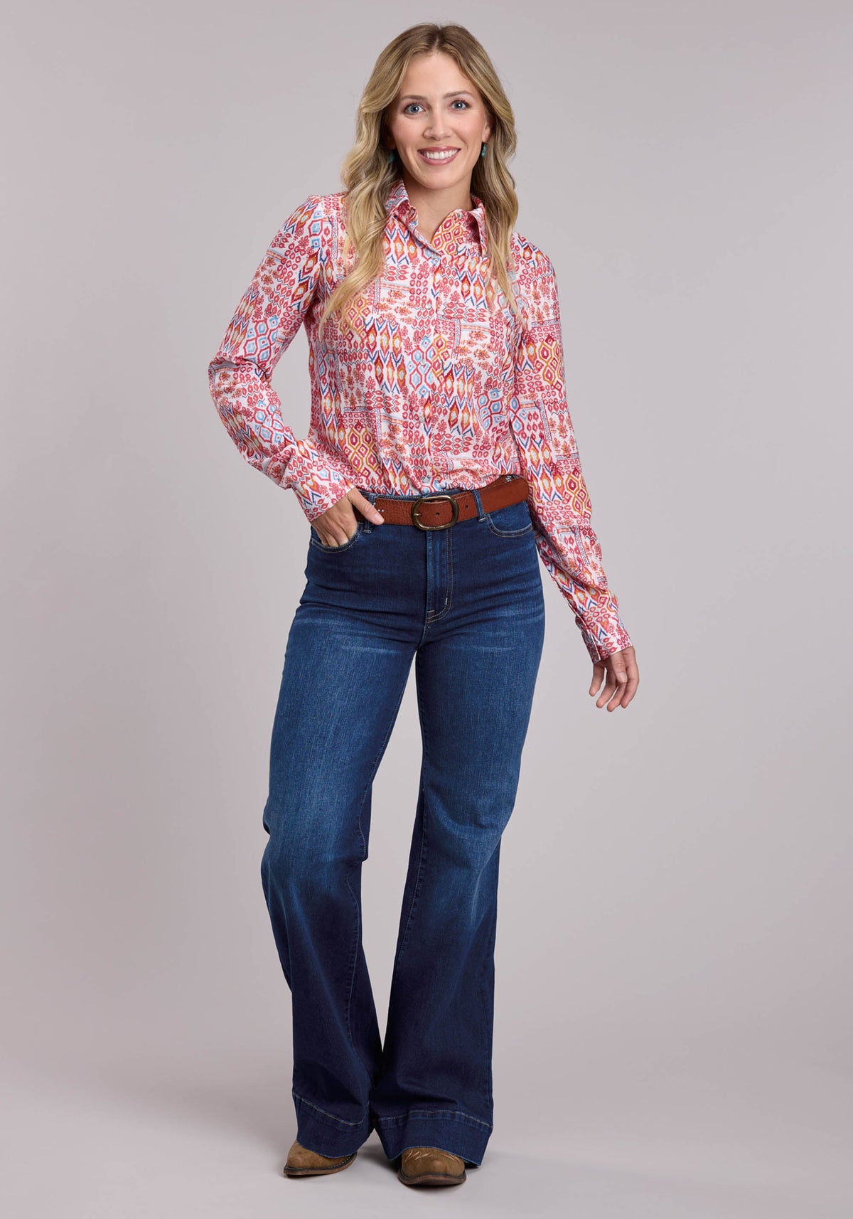 Roper Womens Roper Aztec Patchwork Long Sleeve Snap Shirt