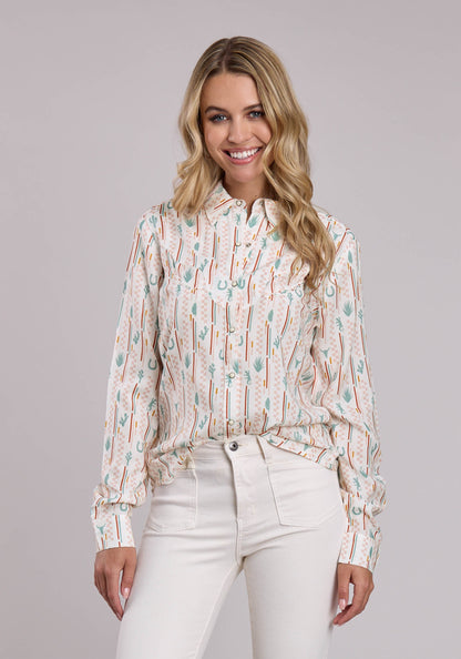 Roper Womens Roper Checker Stripe Printed Rayon Long Sleeve Snap Shirt
