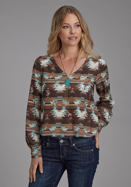 Roper Womens Icon Aztec Printed Rayon Blouse Long Sleeve Button Western Shirt