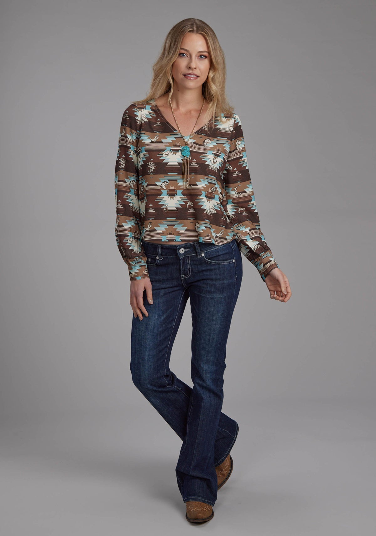 Roper Womens Icon Aztec Printed Rayon Blouse Long Sleeve Button Western Shirt