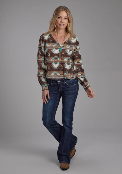 Roper Womens Icon Aztec Printed Rayon Blouse Long Sleeve Button Western Shirt