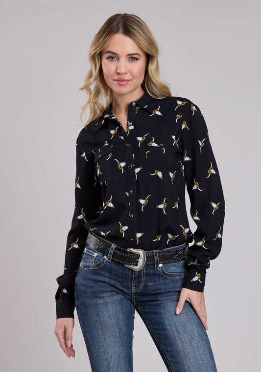 Roper Womens Long Sleeve Snap Skull Print Western Blouse Western Shirt