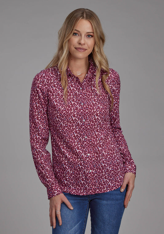 Roper Womens Leopard Print Poly Crepe Blouse Long Sleeve Snap Western Shirt