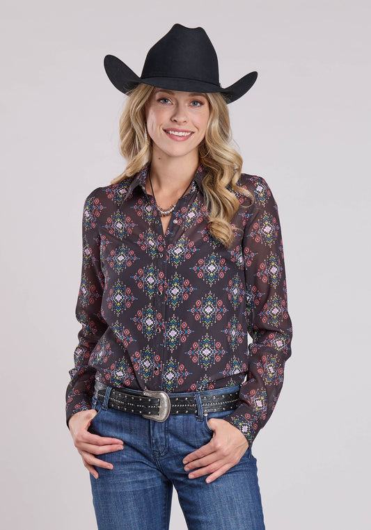 Roper Womens Long Sleeve Snap Poly Aztec Brights Print Top Western Shirt