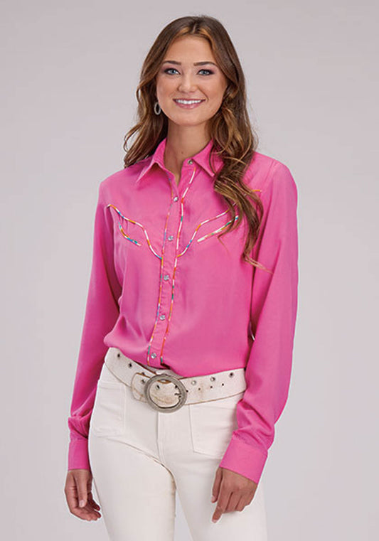 Roper Womens Long Sleeve Snap Solid Pink Rayon Wstn Blouse Western Shirt