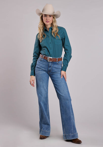 Roper Womens Long Sleeve Button Turquoise Pigment Dyed Shirt Western Shirt