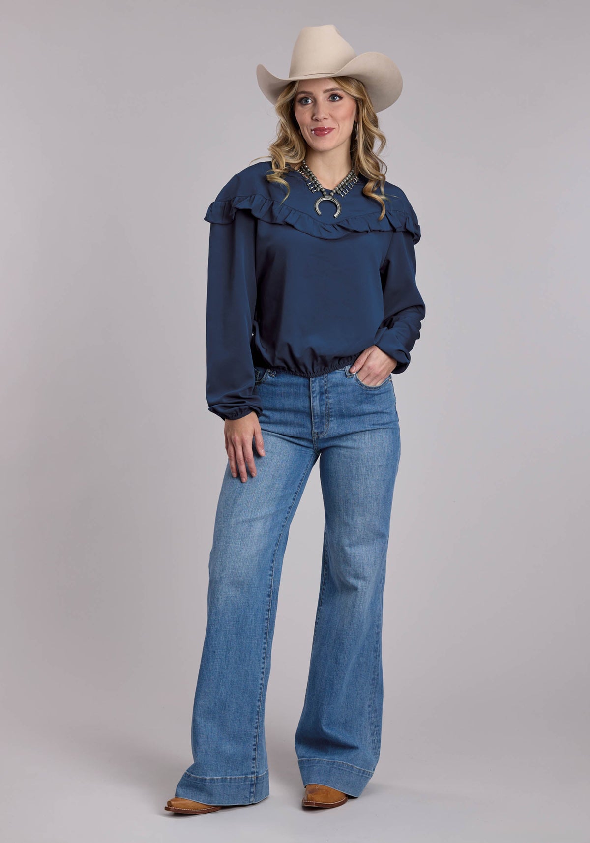Roper Womens Roper Navy V Neck Western Blouse