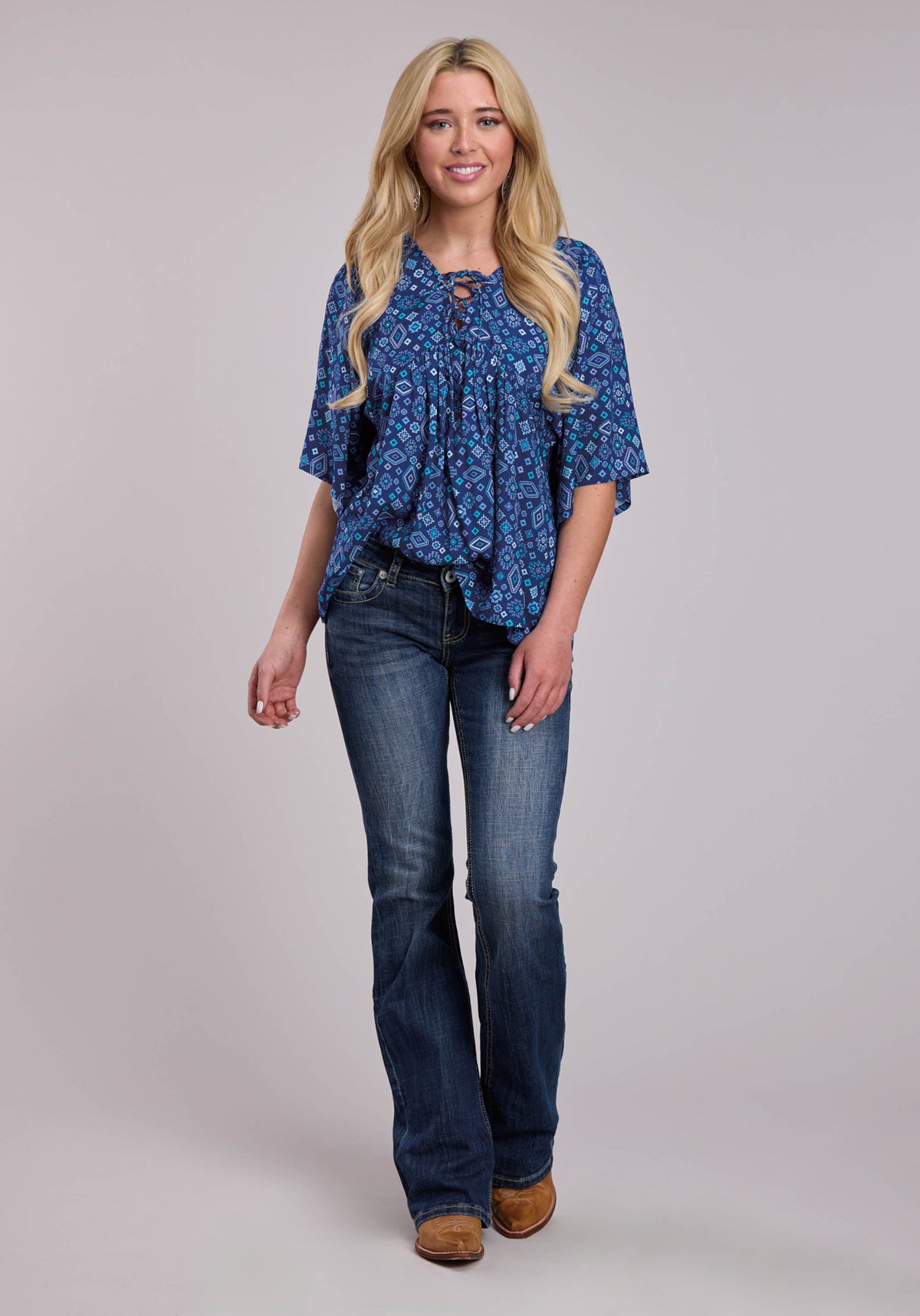 Roper Womens Roper Blue Aztec Peasant Blouse