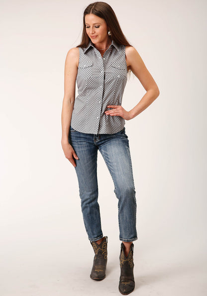 Roper Womens Sleeveless Snap Diamond Star Geo  Grey Western Shirt