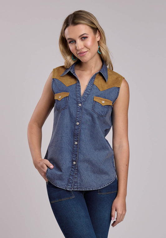 Roper Womens Roper Blue Denim Sleeveless Western Blouse
