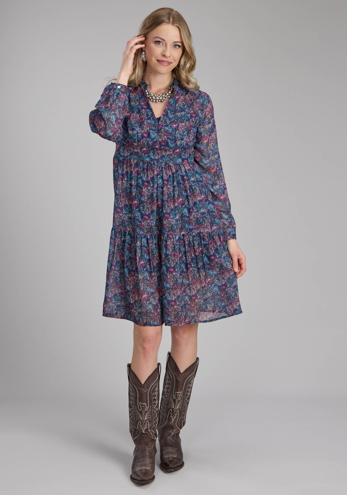 Roper Womens "gem Floral" Print Georgette Long Sleeve Dress Button Dress