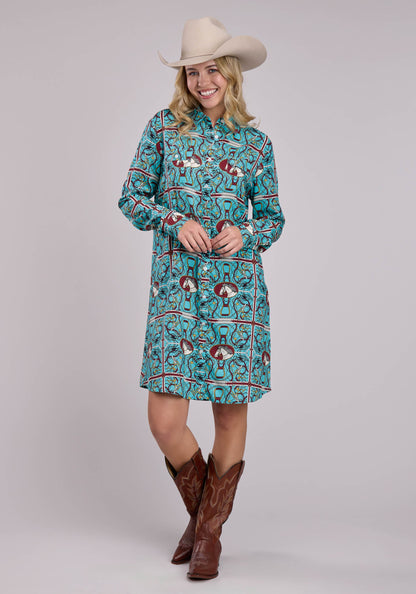 Roper Womens Long Sleeve Dress Button Scarf Print Rayon Western Dress