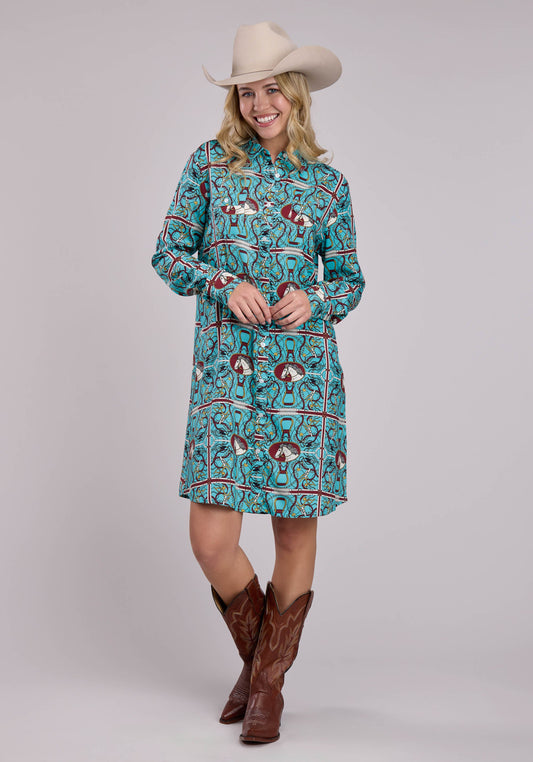 Roper Womens Long Sleeve Dress Button Scarf Print Rayon Western Dress