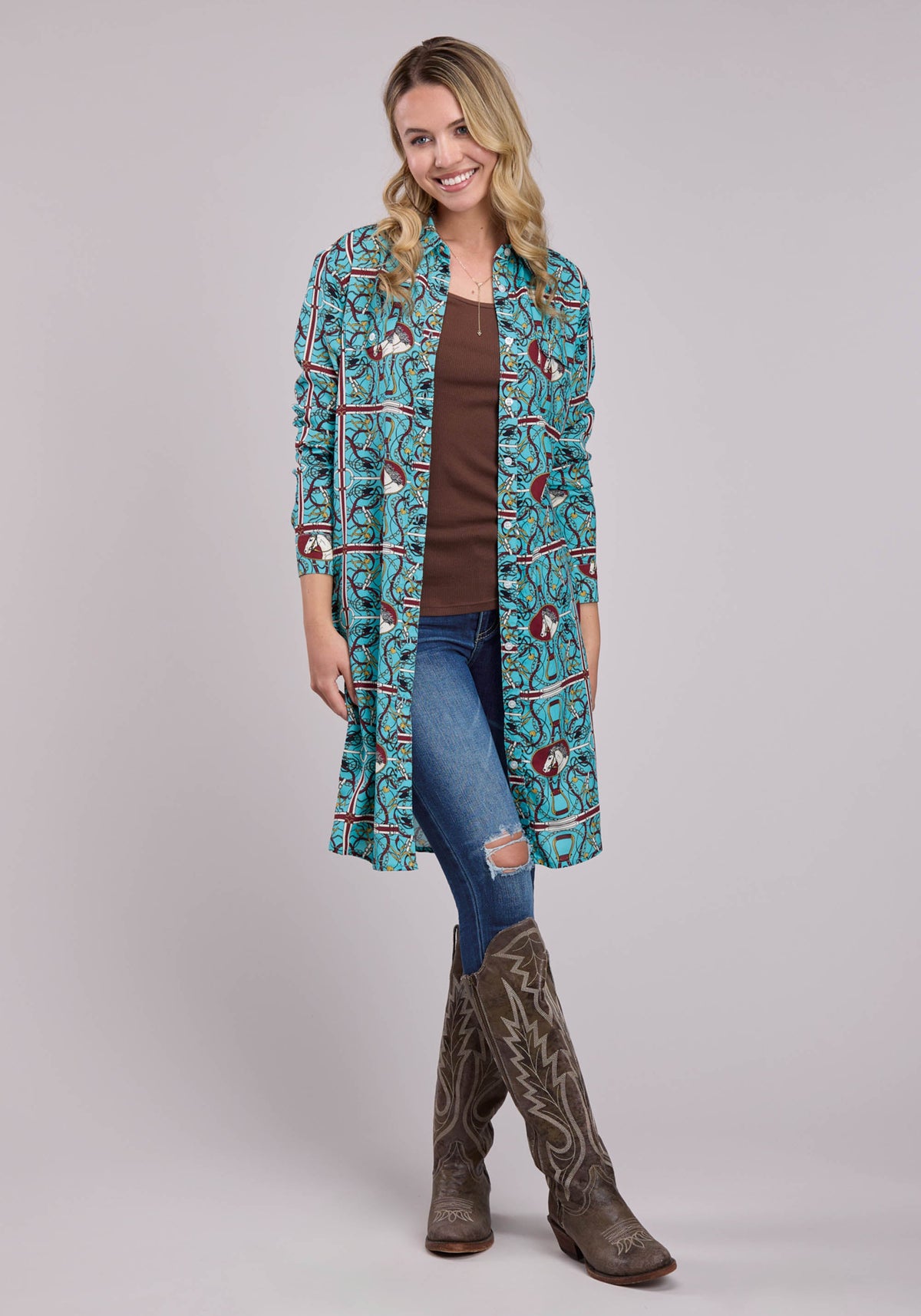Roper Womens Long Sleeve Dress Button Scarf Print Rayon Western Dress