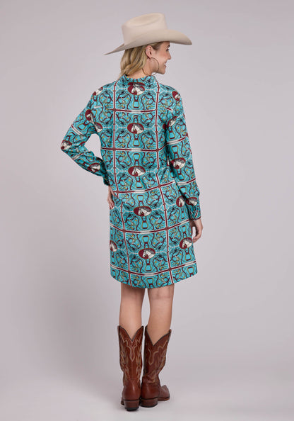 Roper Womens Long Sleeve Dress Button Scarf Print Rayon Western Dress