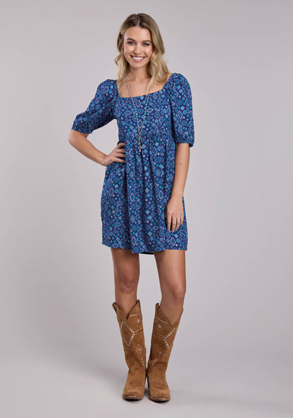 Roper Womens Roper Blue Aztec Babydoll Short Sleeve Dress