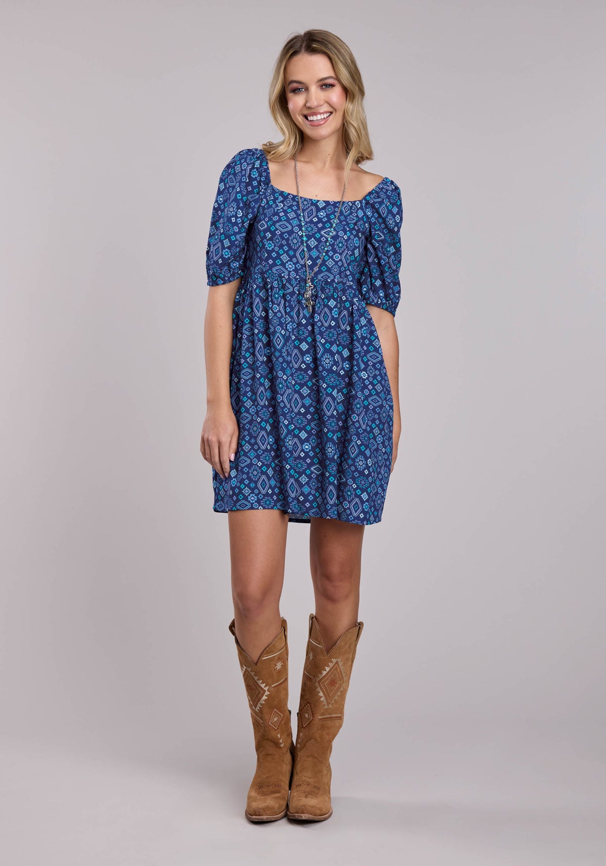 Roper Womens Roper Blue Aztec Babydoll Short Sleeve Dress