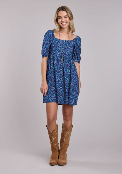 Roper Womens Roper Blue Aztec Babydoll Short Sleeve Dress