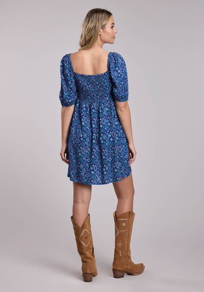 Roper Womens Roper Blue Aztec Babydoll Short Sleeve Dress