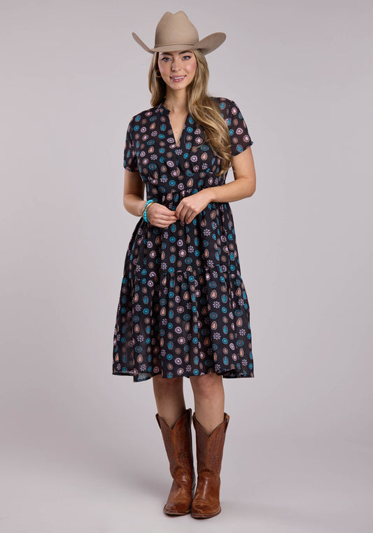 Roper Womens Roper Black Concho Print Poly Georgette Short Sleeve Dress