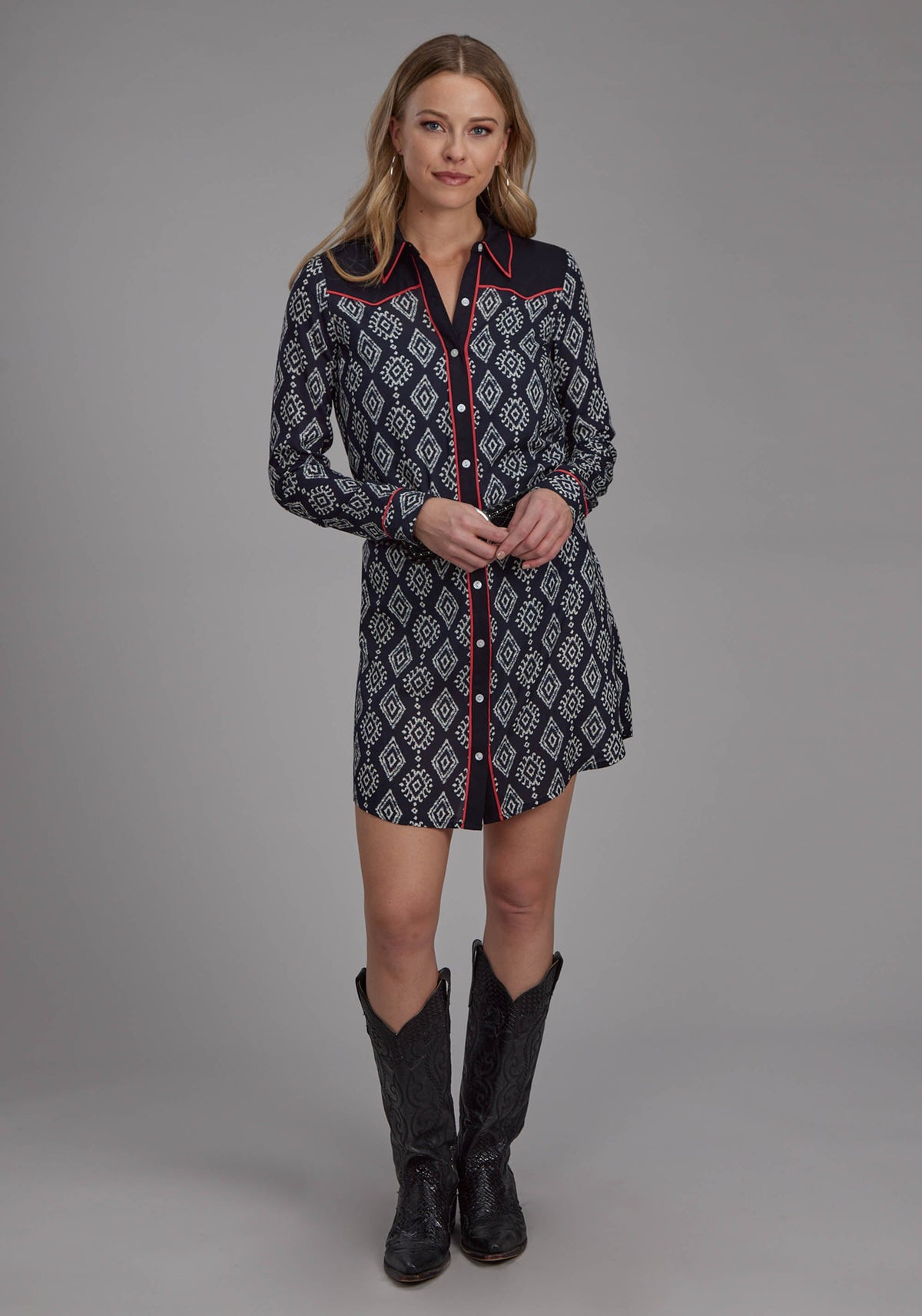 Roper Womens Black Cream Ikat Print Rayon Long Sleeve Dress Button Dress