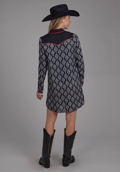 Roper Womens Black Cream Ikat Print Rayon Long Sleeve Dress Button Dress