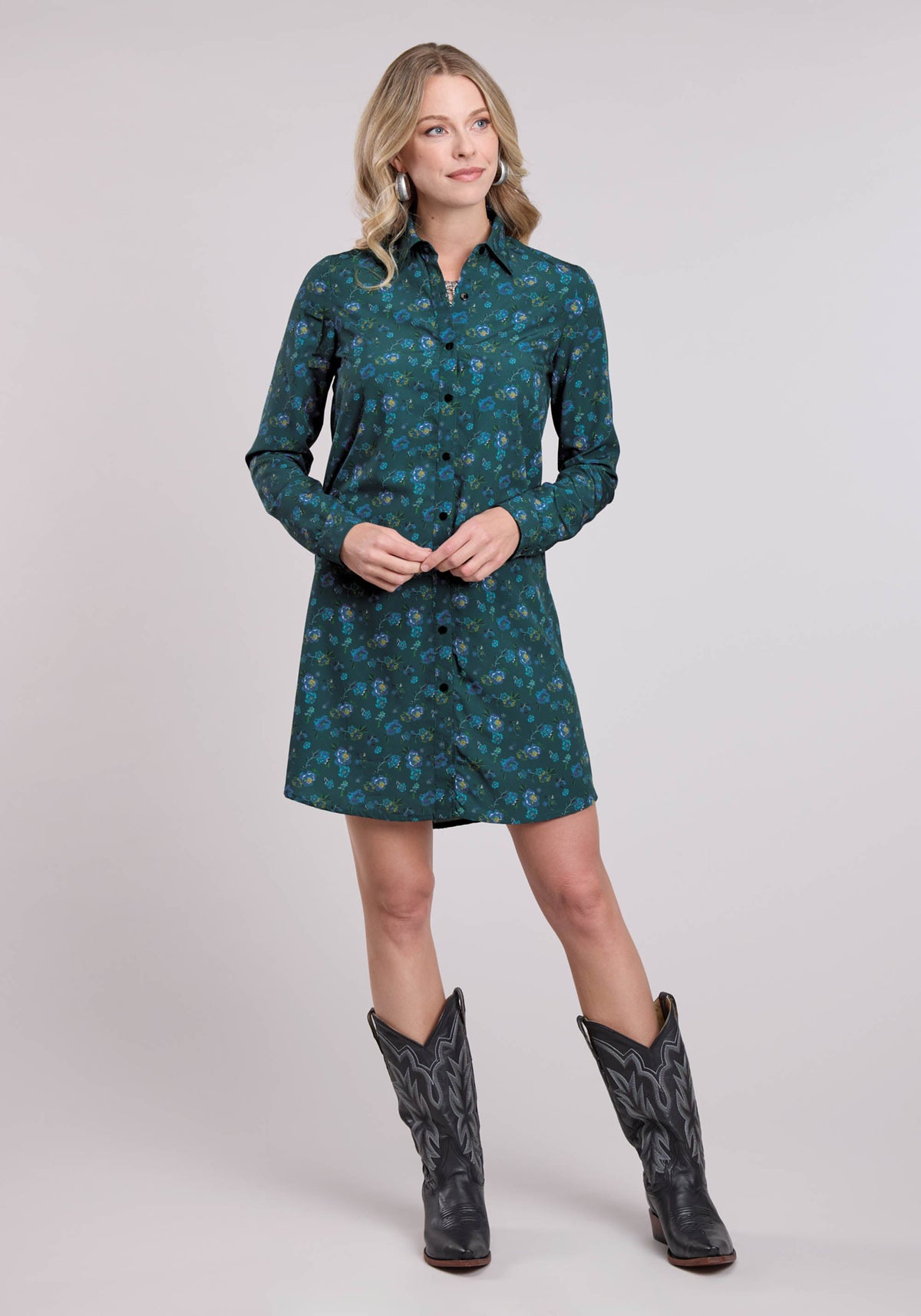 Roper Womens Long Sleeve Dress Button Poly Crepe Teal Faux Embroidered Print West