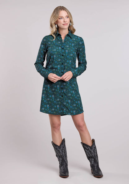 Roper Womens Long Sleeve Dress Button Poly Crepe Teal Faux Embroidered Print West