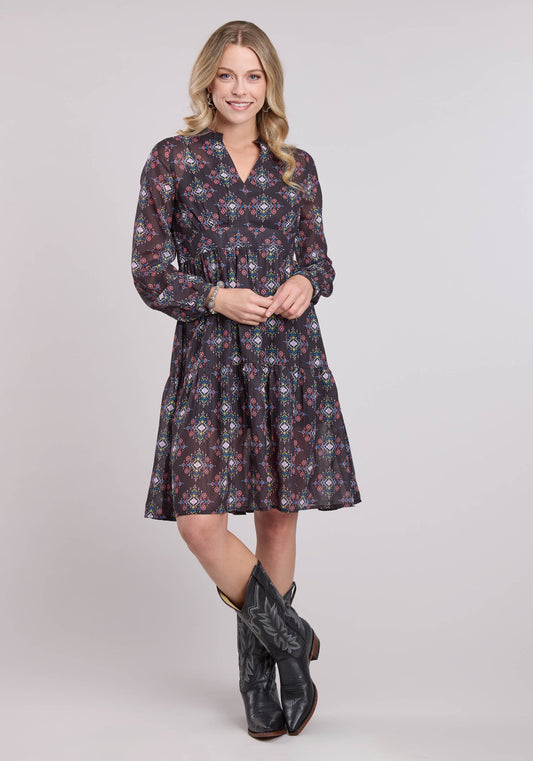 Roper Womens Long Sleeve Dress Pullover Poly Georgette Aztec Brights Western Dres