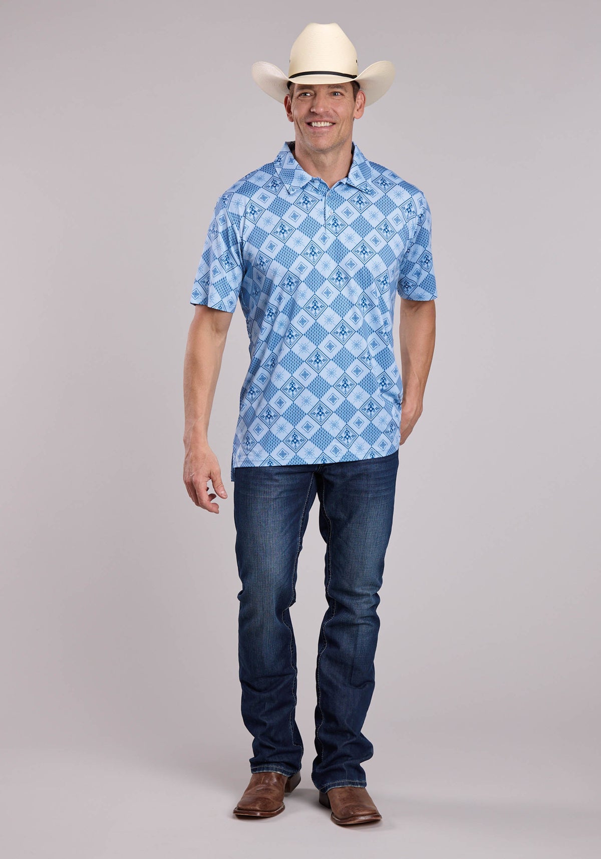 Roper Mens Roper Retro Diamonds Print Short Sleeve Shirt