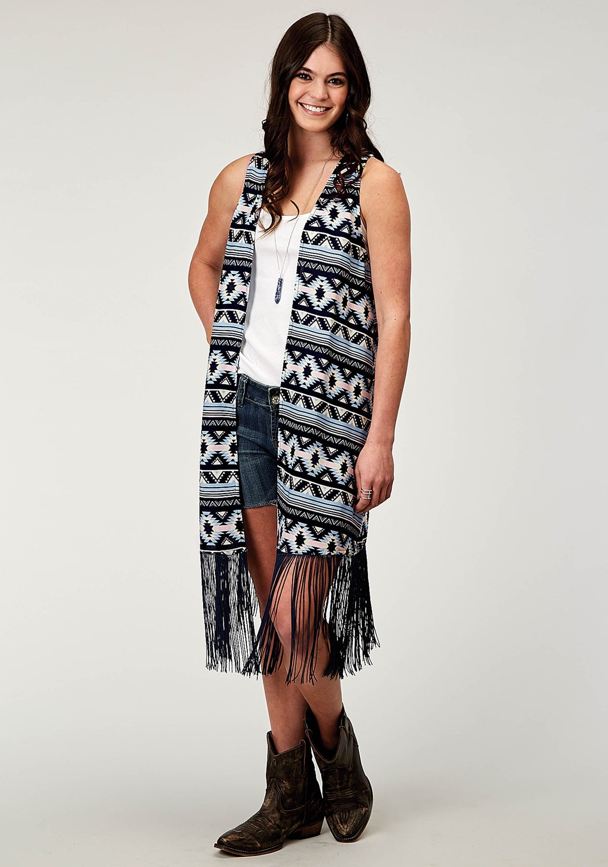 Roper Womens Navy Aztec Printed Rayon Vest With Racer Back Cardigan Long Fringe T