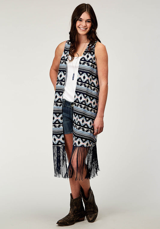 Roper Womens Navy Aztec Printed Rayon Vest With Racer Back Cardigan Long Fringe T