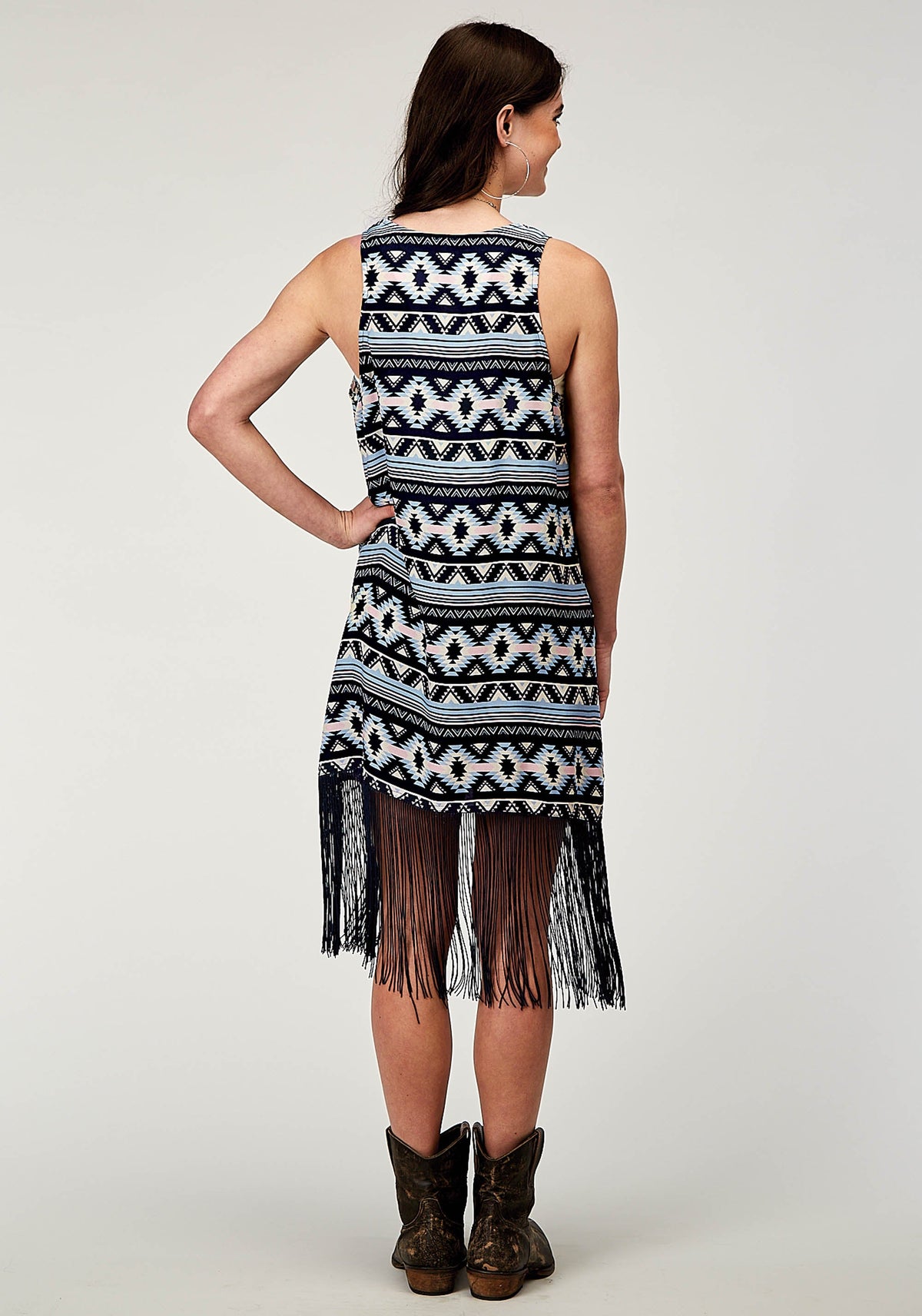 Roper Womens Navy Aztec Printed Rayon Vest With Racer Back Cardigan Long Fringe T