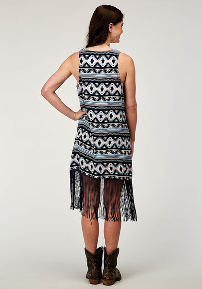 Roper Womens Navy Aztec Printed Rayon Vest With Racer Back Cardigan Long Fringe T