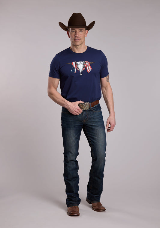 Roper Unisex Roper Longhorn Skull W/American Flag Tee