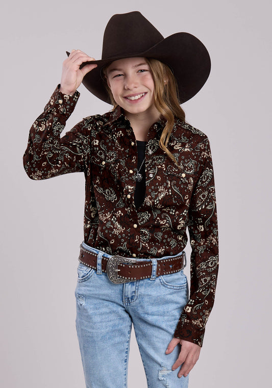 Roper Girls Long Sleeve Snap Brilliant Paisley Print Western Shirt