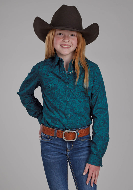 Roper Girls Tonal Paisley Long Sleeve Snap Western Shirt