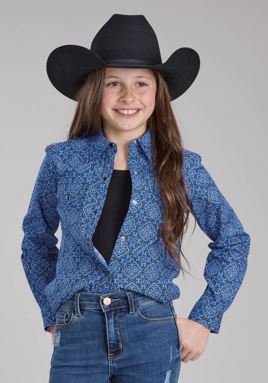 Roper Girls Saphire Ornamental Long Sleeve Snap Western Shirt