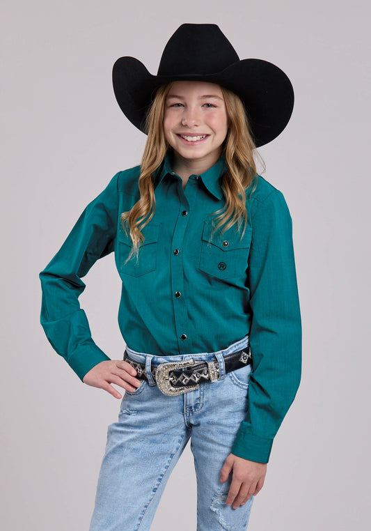 Roper Girls Roper Solid Black Fill Teal Long Sleeve Shirt