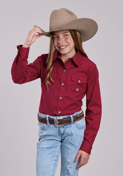 Roper Girls Roper Red Solid Stretch Long Sleeve Shirt