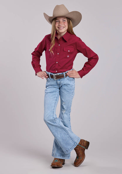Roper Girls Roper Red Solid Stretch Long Sleeve Shirt