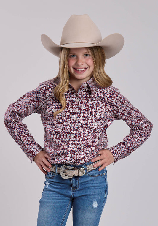Roper Girls Roper Red Tile Foulard Long Sleeve Shirt