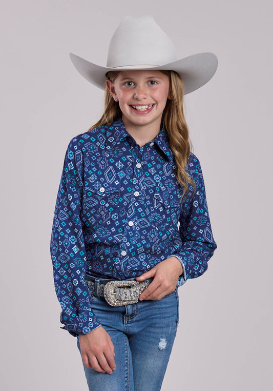 Roper Girls Roper Blue Aztec Printed Long Sleeve Shirt