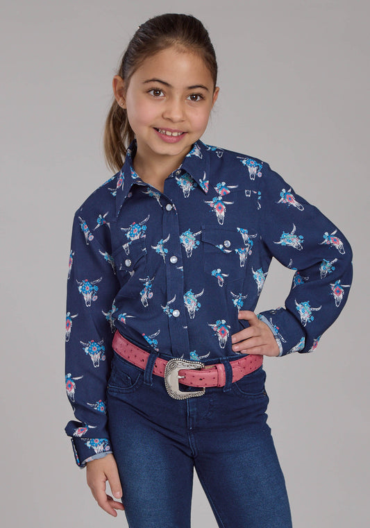 Roper Girls Navy Skulls Western Blouse Long Sleeve Snap Western Shirt
