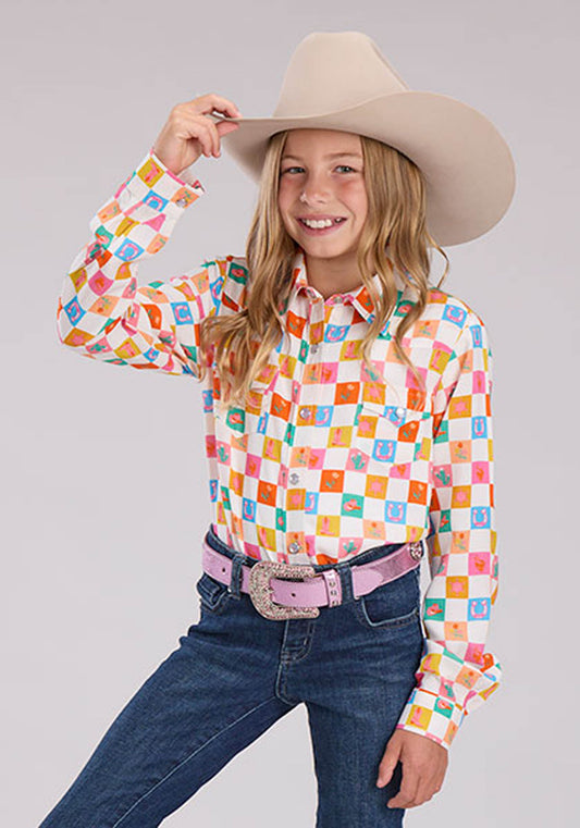Roper Girls Long Sleeve Snap Checkers Print Rayon Wstn Blouse Western Shirt