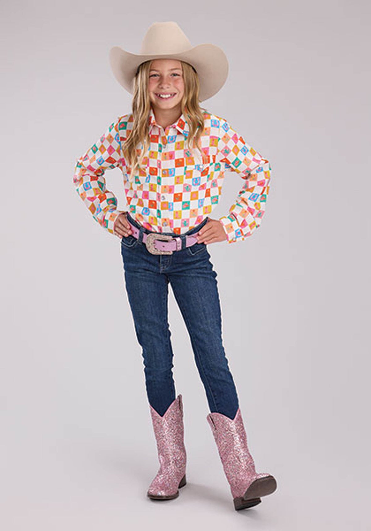Roper Girls Long Sleeve Snap Checkers Print Rayon Wstn Blouse Western Shirt
